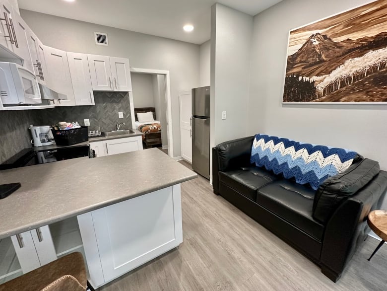 A view of a kitchen and living room and into an open door the bedroom. 