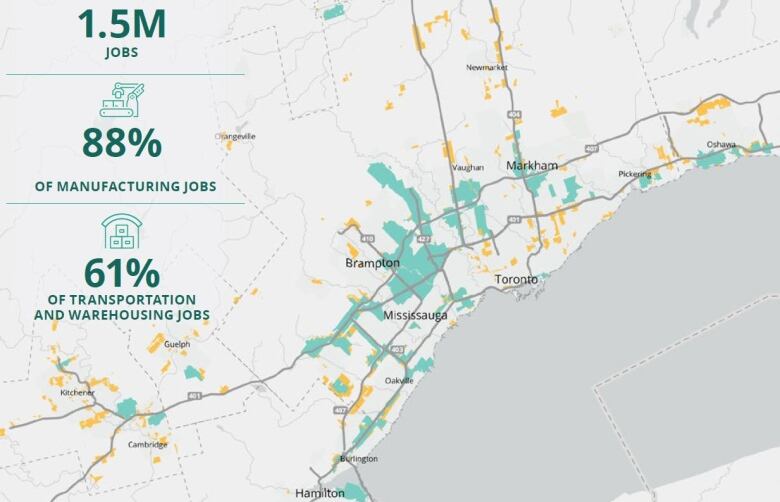 A map graphic showing employment lands  in the Greater Toronto and Hamilton Area and the Waterloo Region. It says 1.5 million jobs are on employment lands in the region, including 88 per cent of the region's manufacturing jobs and 61 per cent of transportation and warehousing jobs. 