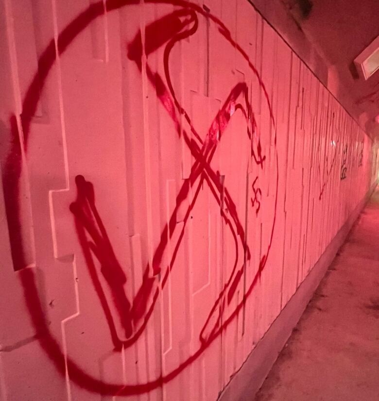 A picture shows a swastika spray-painted on the concrete wall of an underpass.