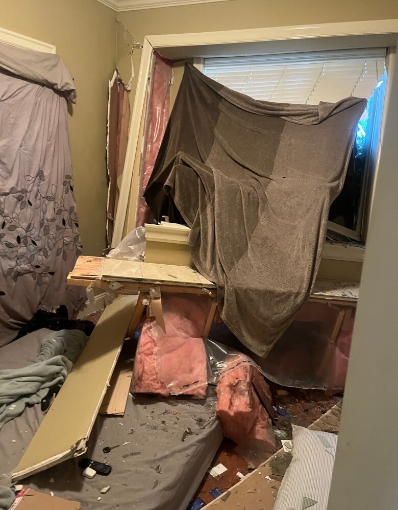 The inside of a room at a home at Canada Way and 16th Avenue in Burnaby after a school bus crashed into the residence around 8 a.m. on Thursday Nov. 9, 2023.