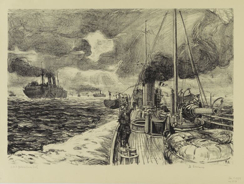 A sketch shows a First World War ship on convoy duty.