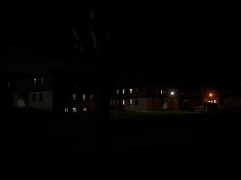 A university campus in the dark. 