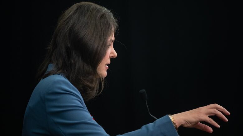 A woman gestures as she speaks to media during a news conference.