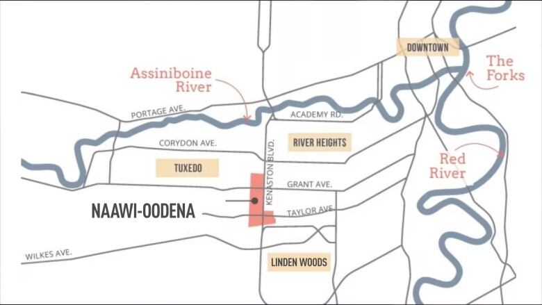 A map showing the location of Naawi-Oodena within Winnipeg.