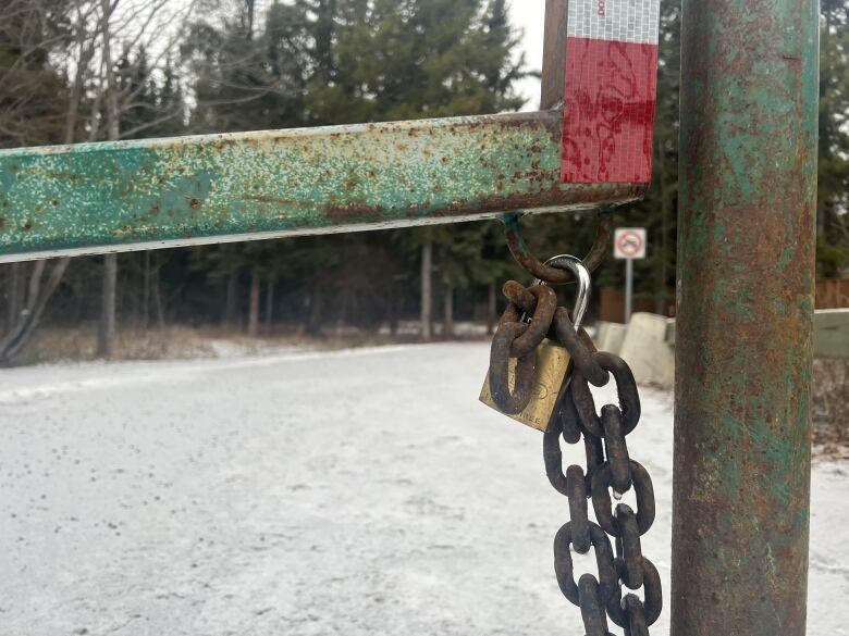 A close up of a lock and chain on a metal gate.