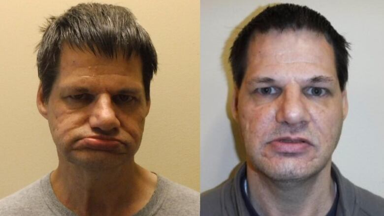 A man in his 50s is seen in two mugshot images.