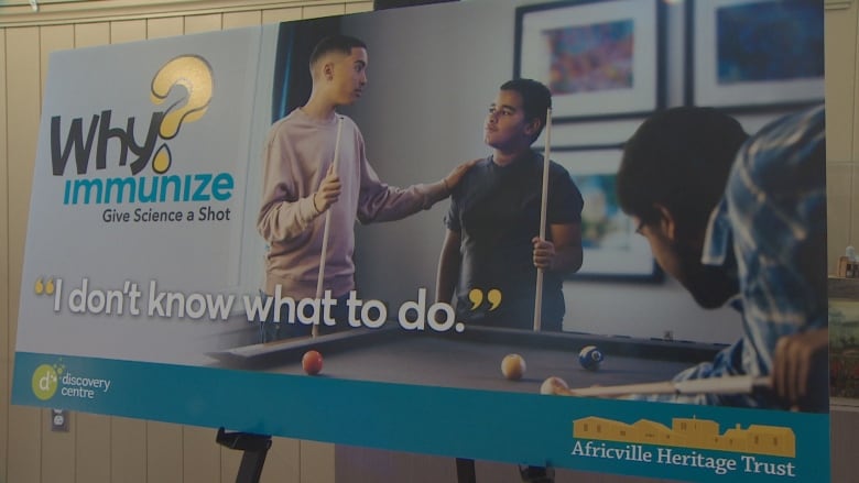 A smaller copy of the billboard shows three people playing pool, two of which are standing next to each other with the caption, 