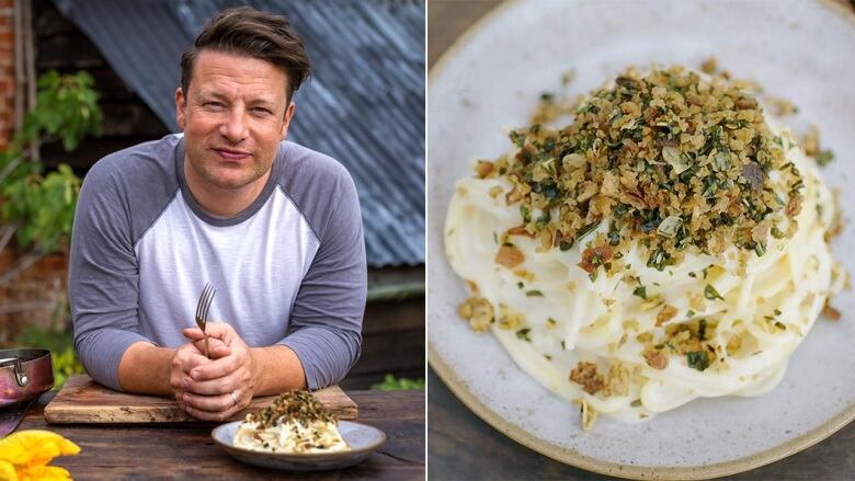 2 images side by side. Left: Jamie Oliver standing at a wooden countertop with a plate of Cauliflower Cheese Pasta in front of him. Right: overhead closeup shot of a plate of Cauliflower Cheese Pasta. 