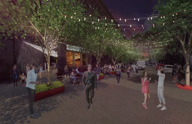 An architectural mockup of a people walking on Albert Street, with twinkle lights overhead.