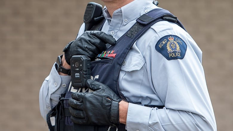 An RCMP officer wears a body camera at the detachment in Bible Hill, N.S. on Sunday, April 18, 2021. Alberta plans to require all police services in the province to wear the devices.