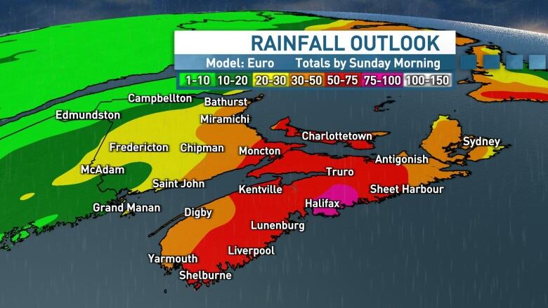 A map shows rainfall amounts across the Maritime provinces 