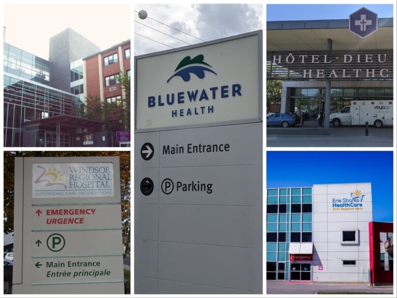 A collage featuring signs or exteriors of five hospitals.