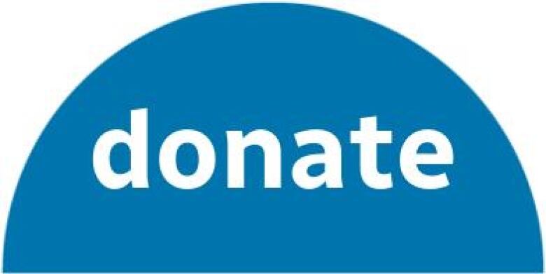 A blue half circle with the word donate in white text in the middle.