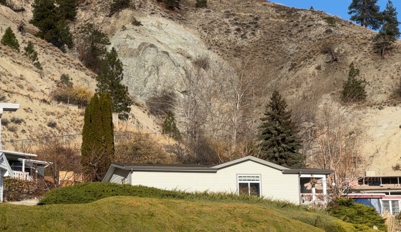 A rock with a crack in it on a slope is pictured behind a home.