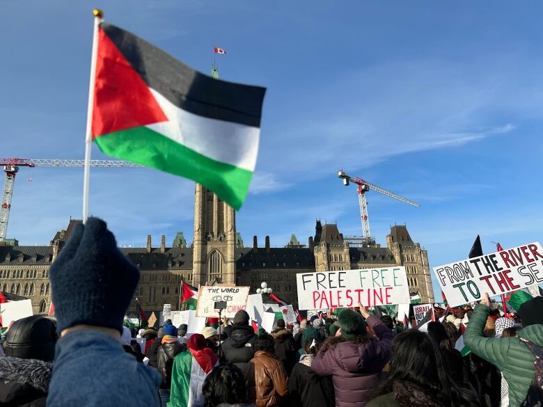 A man holds a Palestinian flag while other people in a crowd hold signs.