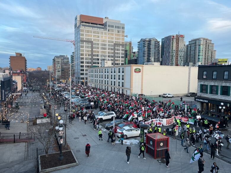 A large crowd of marchers carrying signs and flags are seen from above, walking through a downtown neighbourhood.