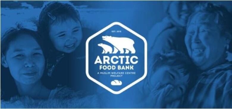 A white logo for the Arctic Food Banks is set upon the blued faces of several people smiling.