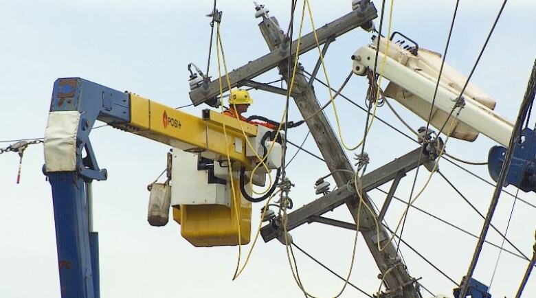 Maritime Electric employee repairing power lines.