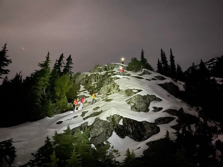 A wide shot shows a series of rescuers climbing a frigid, steep mountain.