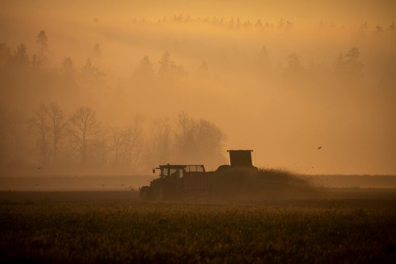 A tractor mows through a field amid heavy fog, with a smoky atmosphere.