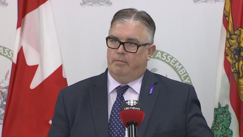 Steven Myers stands against a backdrop of flags at the provincial legislature.