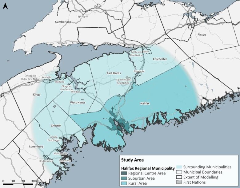 A map of central Nova Scotia highlights communities surrounding Halifax Regional Municipality. 