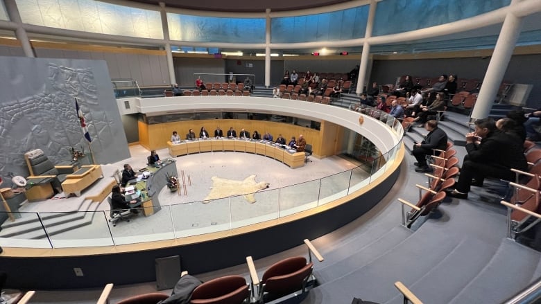 A large hall with a polar bear fur in the middle of them. 