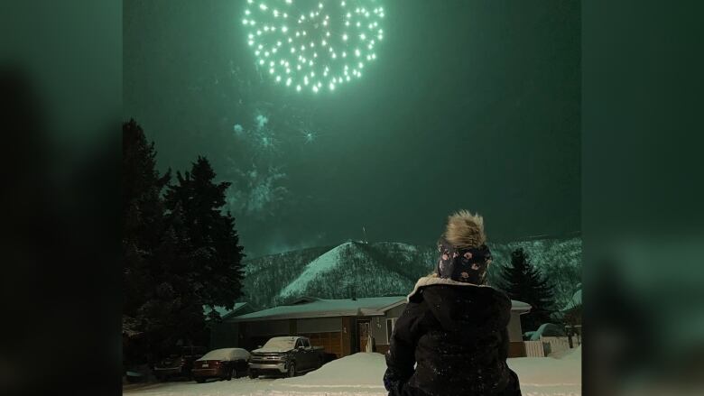 A man and his son watch fireworks. 