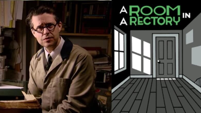 A white man wearing a trench coat and circle glasses looks at the camera. A book cover of a grey cartoon room with green writing. 