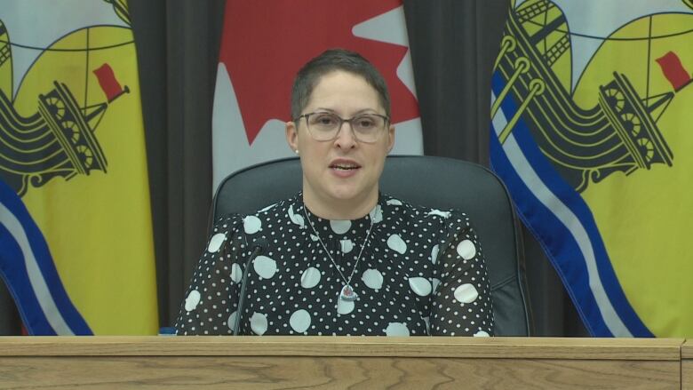 Julie Mason speaks into a microphone while sitting in front of flags.