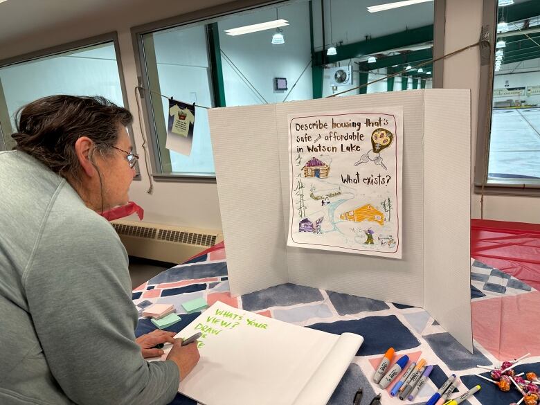 A woman stands writing on paper at a table with a display board.