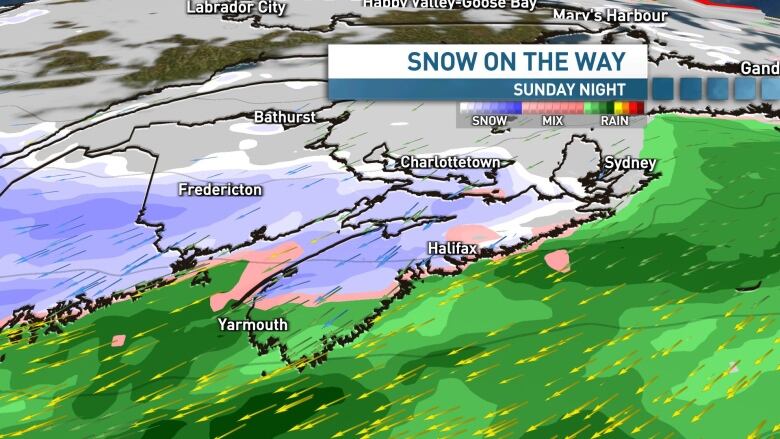 Graphic showing snow expected Sunday night