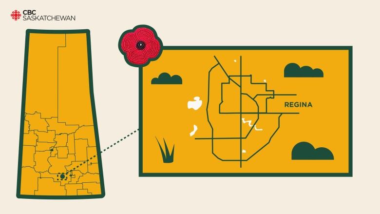 A graphic of Regina on a map of Saskatchewan