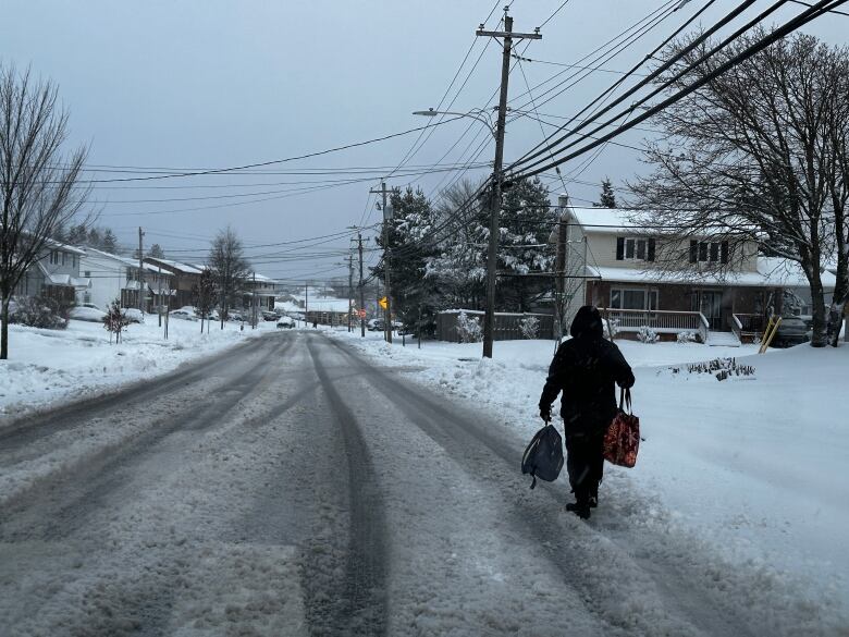 A person walks down a slushy street while carrying two bags.