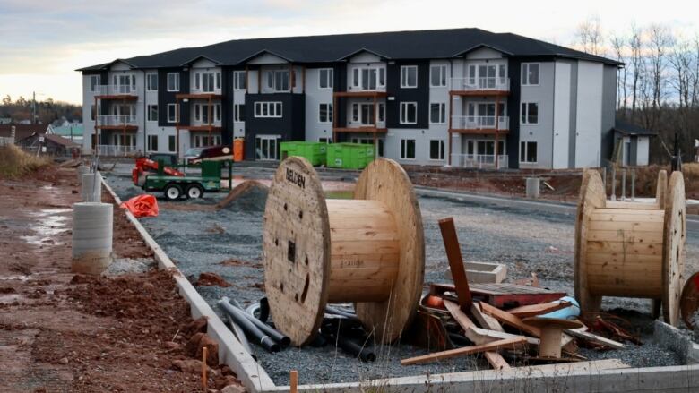 A three-storey, half-completed apartment building in the town of Stewiacke. 