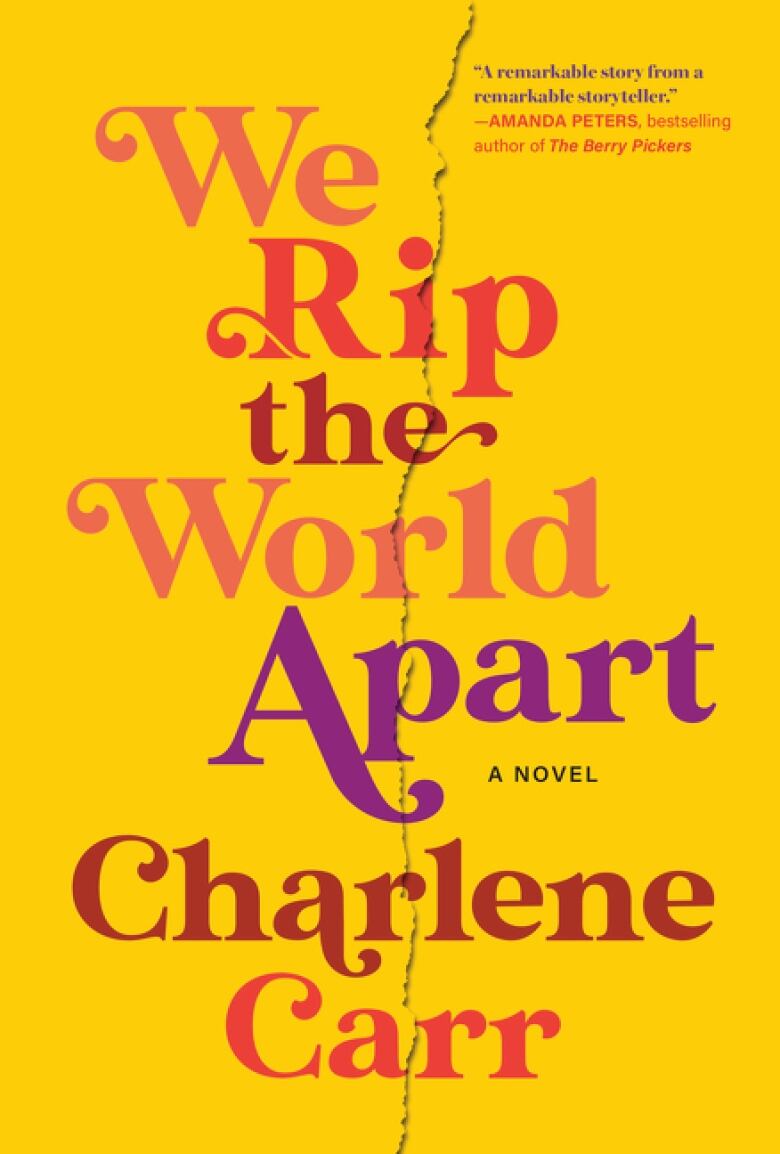 A yellow book cover with a rip in the middle with pink, orange and purple-toned writing.