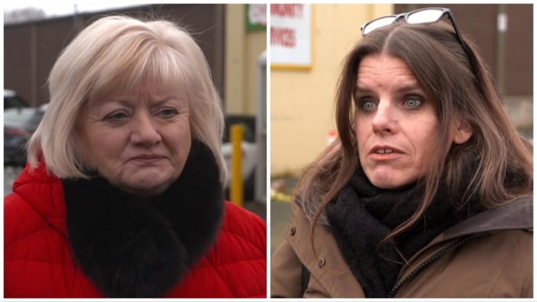 A picture of a woman wearing a red jacket and a black scarf on the left, beside a picture of a woman wearing a brown jacket on the right. 