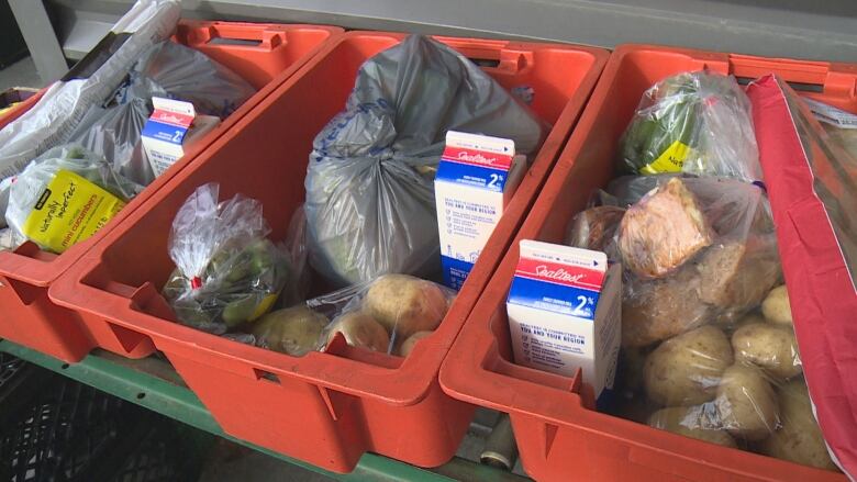 Food is shown inside of bins at a Windsor, Ont., food bank.