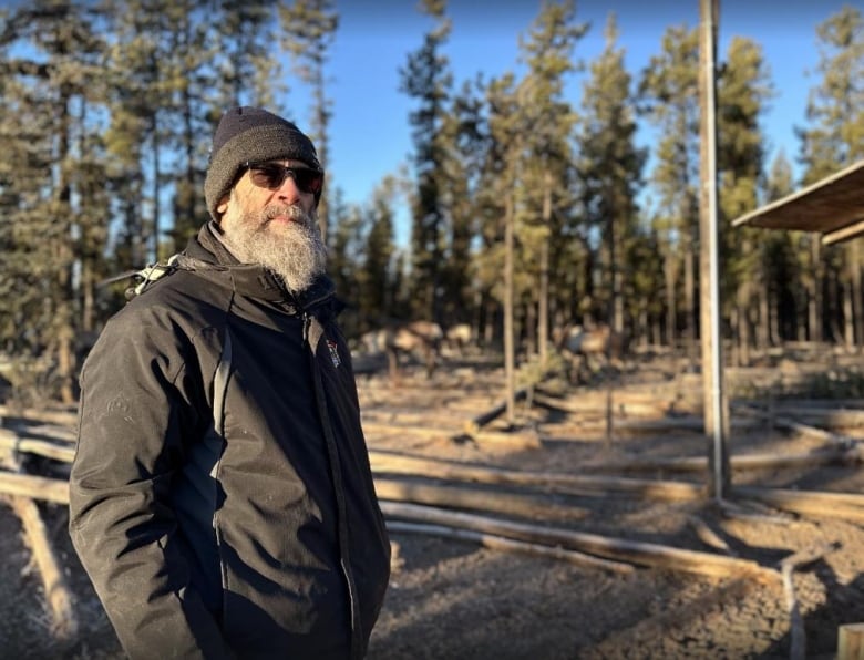 A man stands in dappled sun in front of evergreens and the ground is littered with broken tree trunks and branches. He appears to be in his 60s and has a grey beard. He is wearing a navy blue toque with grey trim, a black jacket and black sunglasses.