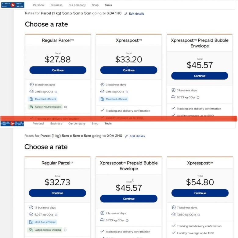 A screengrab of Canada Post prices for the same size package. Delivery to one postal code was more expensive than another within the same city