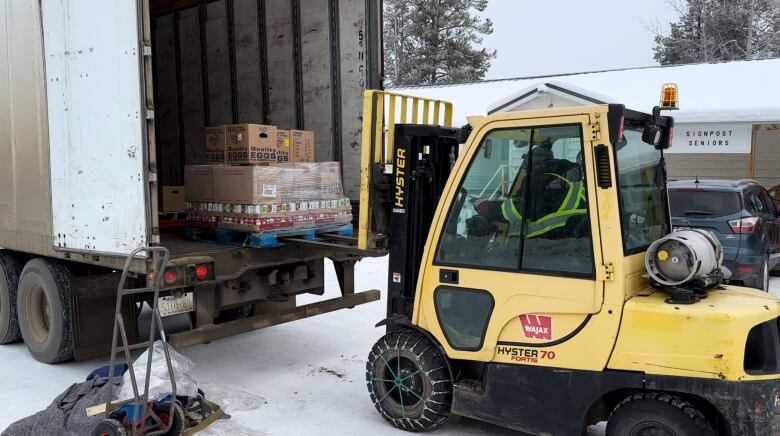 A small forklift unloads a pallet of boxes from the back of a truck on a winter day.