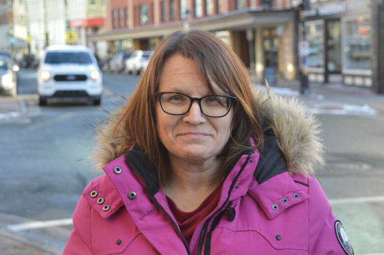 A woman on a downtown street