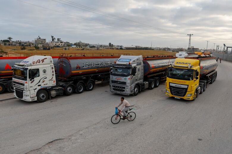 A May 2023 file photo shows truck lined up and waiting to enter the Kerem Shalom crossing.