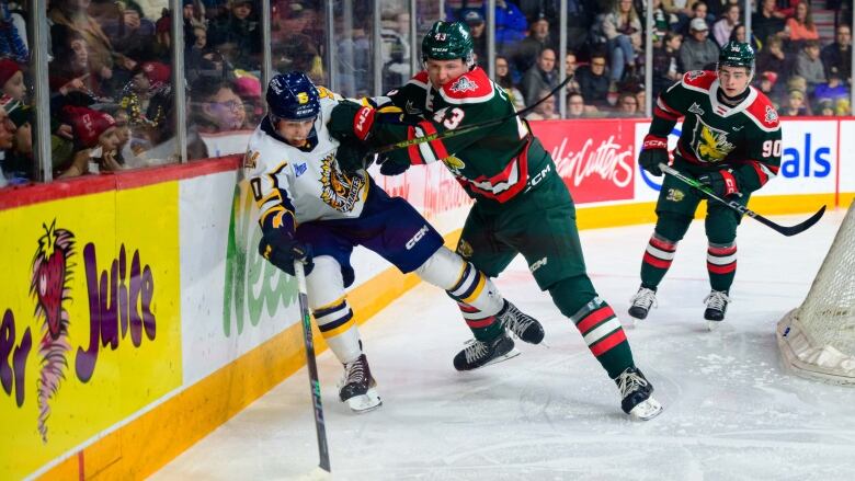 A junior hockey player in a red and green jersey checks a player in a white jersey against the boards.