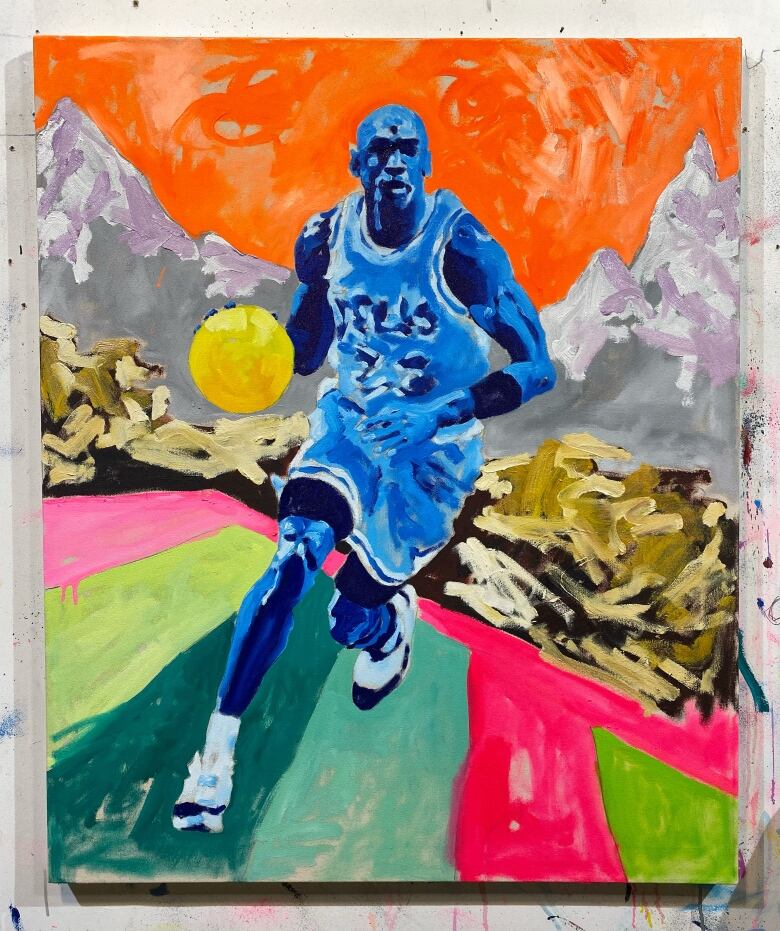 A colourful painting shows Michael Jordan dribbling a basketball.