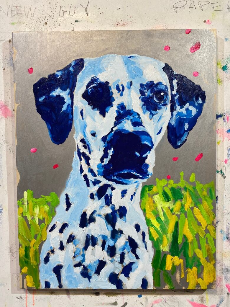 A colourful painting by Andrew Scott shows a dog. It was commissioned by the pet owner.