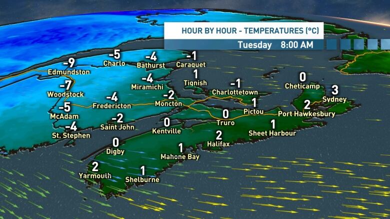 A map showing the Maritimes and colder temperatures on Tuesday.