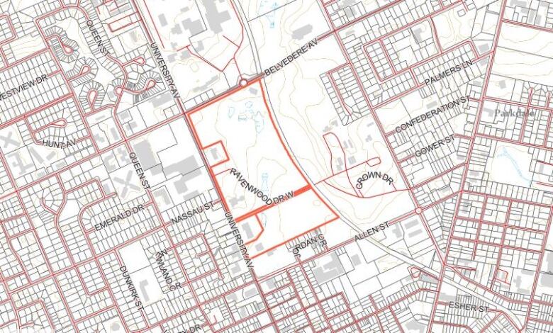 A top-down map of the area of the experimental farm in Charlottetown.