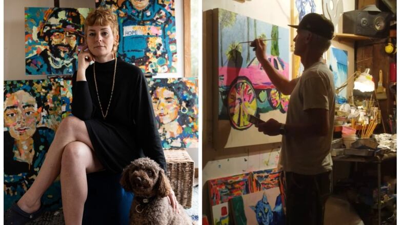 A musician with red hair is shown with some of her artwork and a dog in the left frame of a photo, while the right frame shows a man wearing a hat and a T-shirt painting in his art studio.