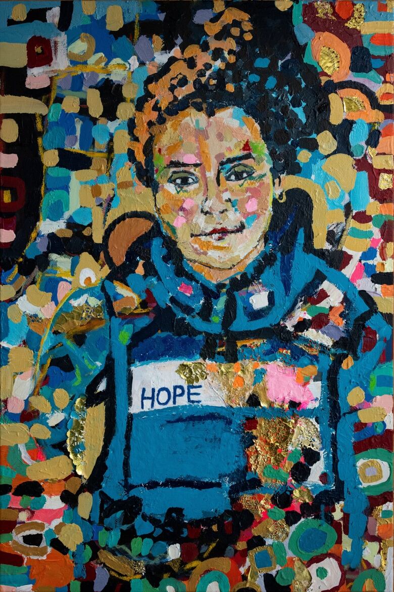 Jenn Grant's painting of Palestinian journalist Hind Khoudary.